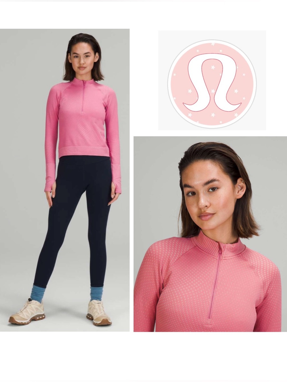 Lululemon Rest Less Cropped Half-
Zip in Grid Warp Pink Blossom / Sugar Pink